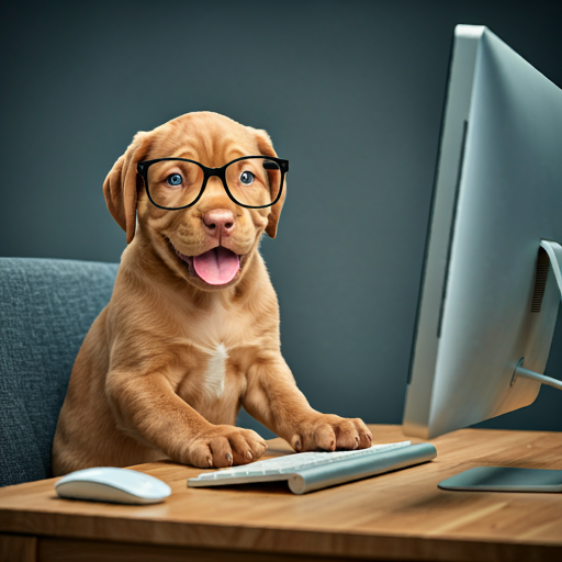 image of cute happy puppy wearing black frame glasses looking at a computer monitor while typing on a keyboard